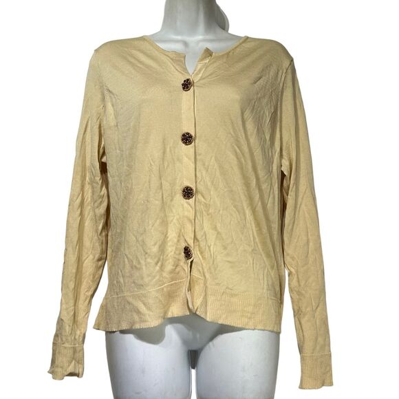 Vintage sigrid olsen beige brown beaded button Silk Tencel cardigan Size L - Picture 1 of 6